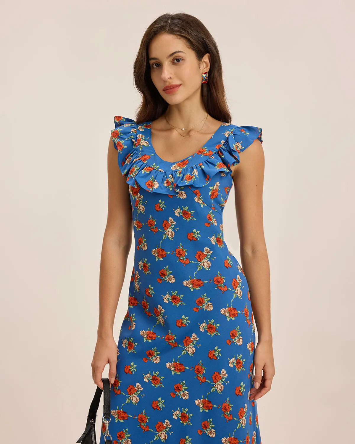 Blue Floral Ruffle Sleeveless Maxi Dress sold by rihoas product image thumbnail 3