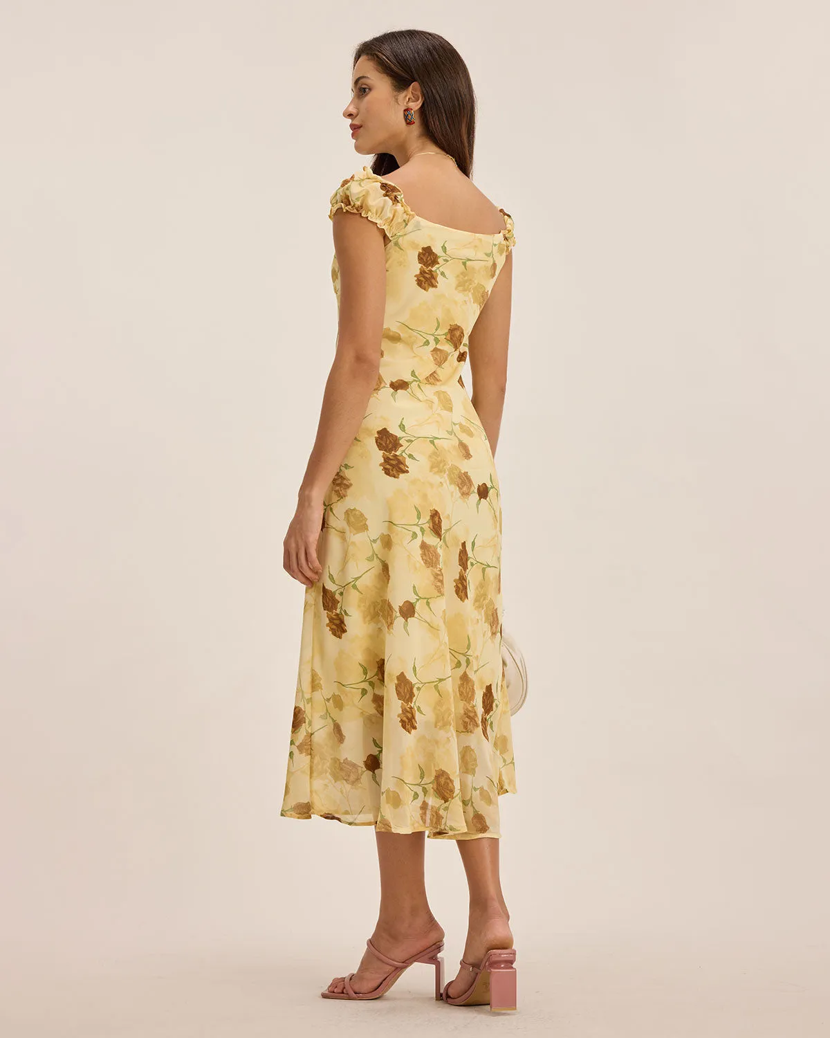 Yellow Floral Ruched Sleeveless Midi Dress sold by rihoas product image thumbnail 4
