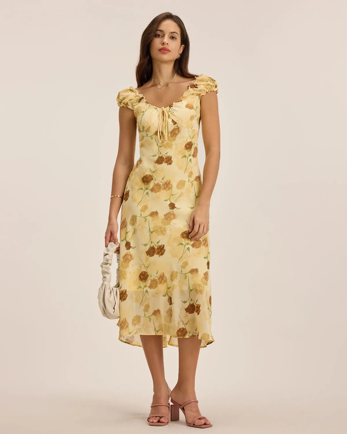 Yellow Floral Ruched Sleeveless Midi Dress sold by rihoas