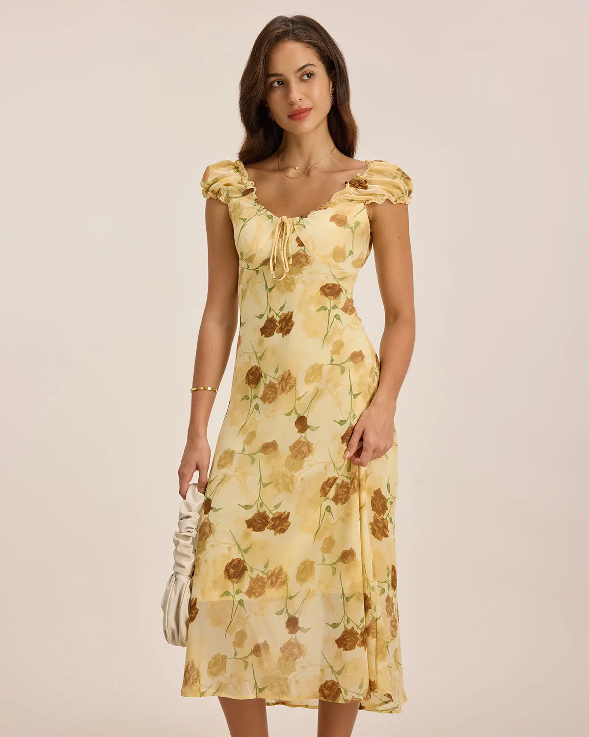 Yellow Floral Ruched Sleeveless Midi Dress sold by rihoas product image thumbnail 5
