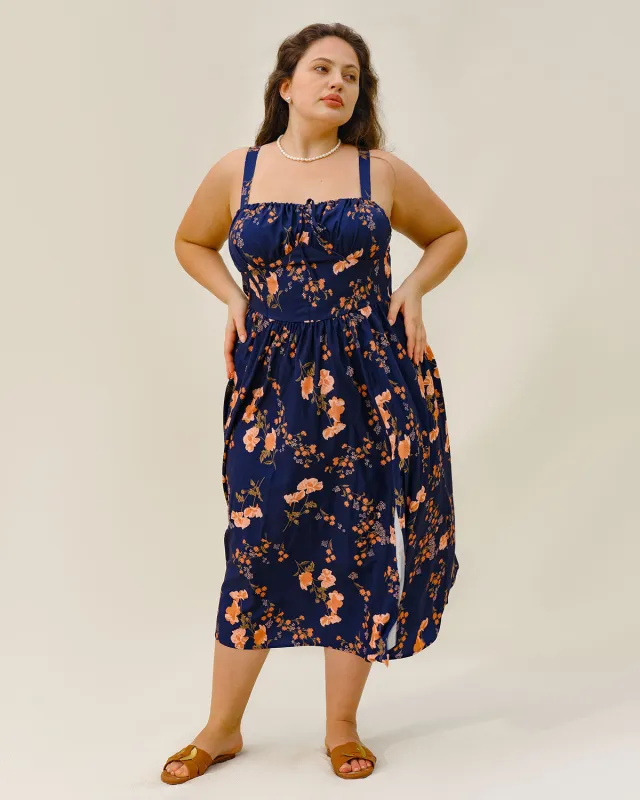 Navy Floral Ruched Plus Size Slip Midi Dress sold by rihoas
