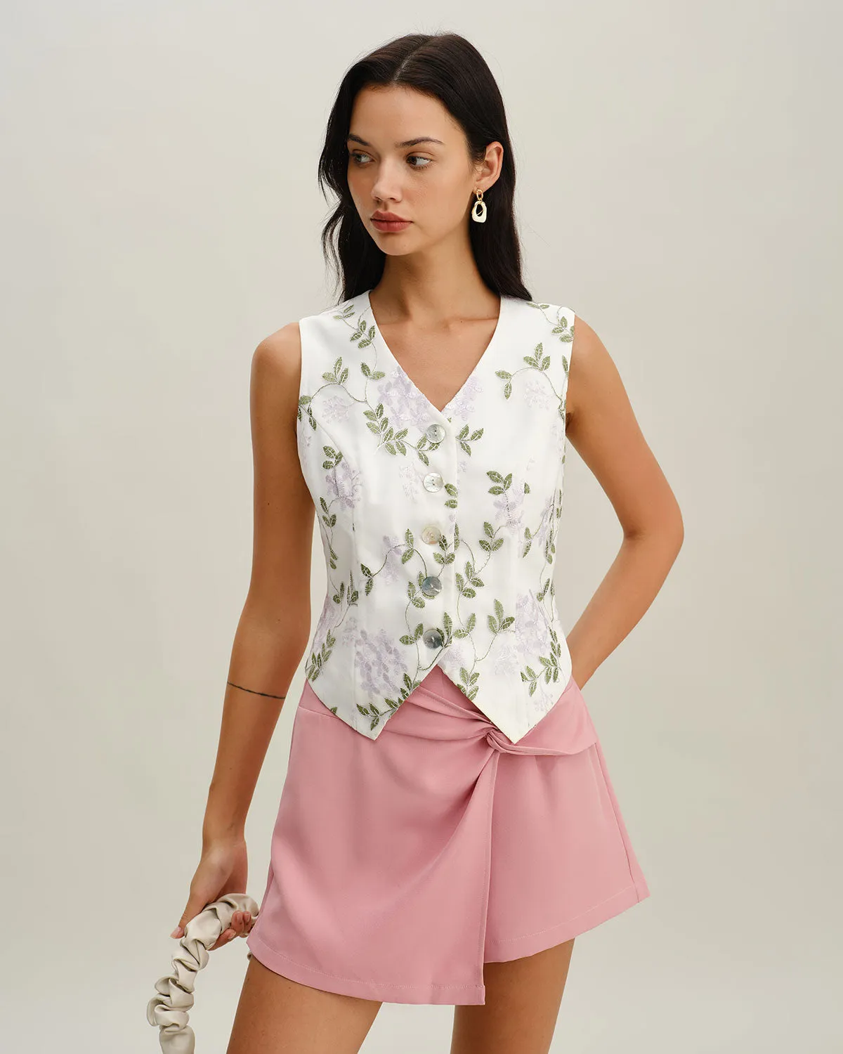 White Embroidery V Neck Button Vest sold by rihoas product image thumbnail 2