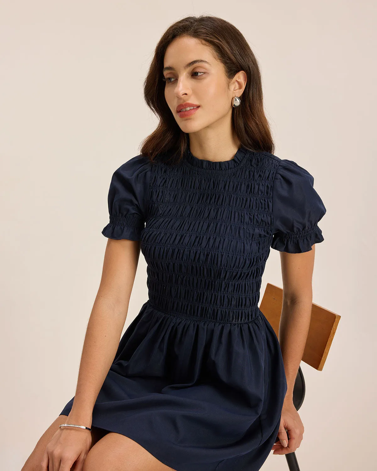 Blue Shirred Puffed Sleeve Mini Dress sold by rihoas product image thumbnail 4