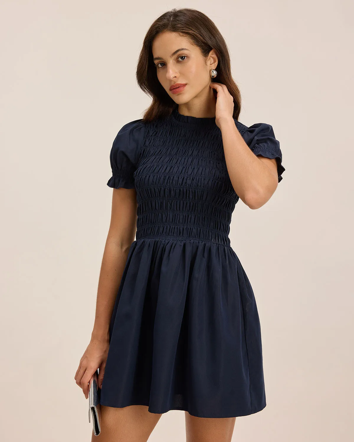 Blue Shirred Puffed Sleeve Mini Dress sold by rihoas product image thumbnail 3