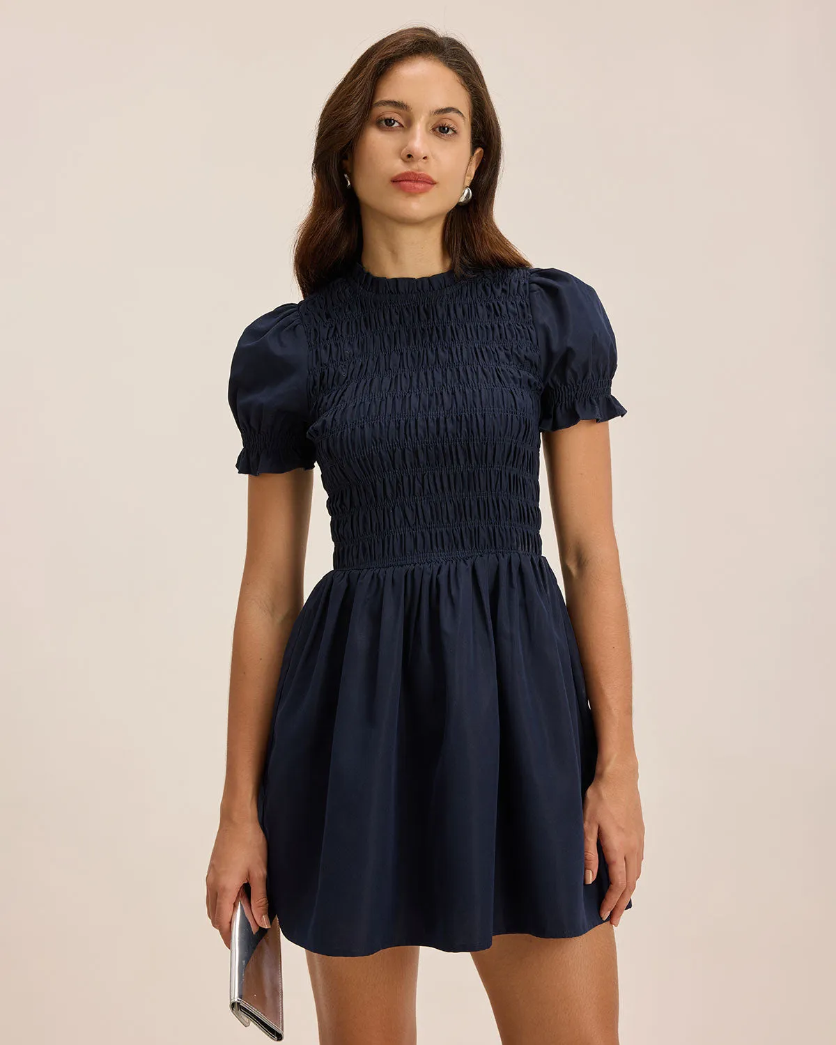 Blue Shirred Puffed Sleeve Mini Dress sold by rihoas
