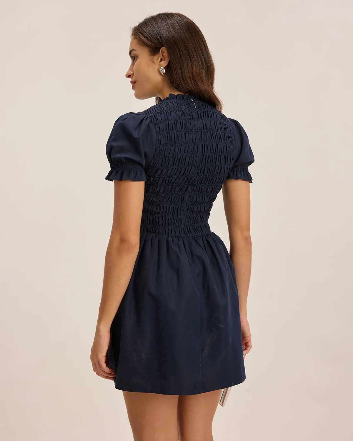 Blue Shirred Puffed Sleeve Mini Dress sold by rihoas product image thumbnail 5