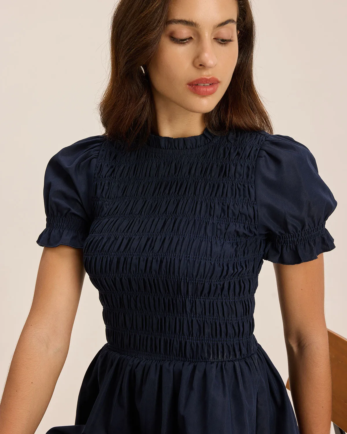 Blue Shirred Puffed Sleeve Mini Dress sold by rihoas product image thumbnail 2