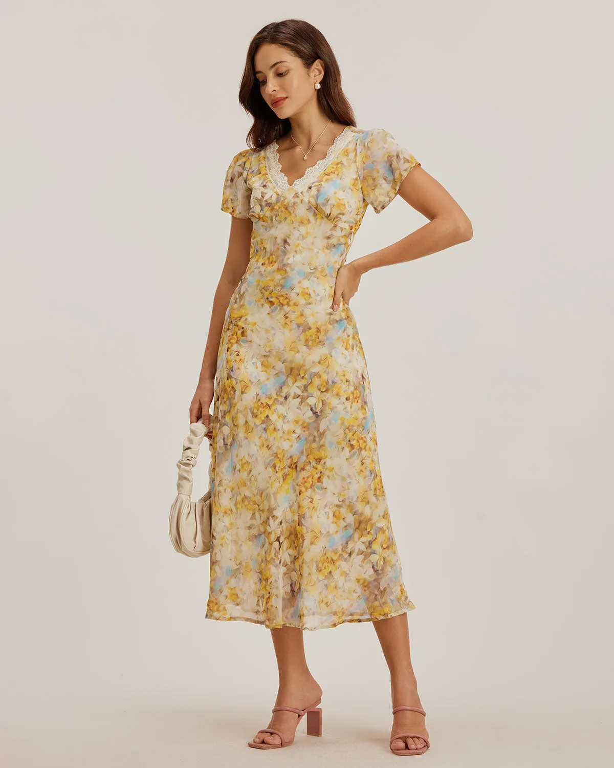 Yellow Floral Chiffon V Neck Maxi Dress sold by rihoas product image thumbnail 4