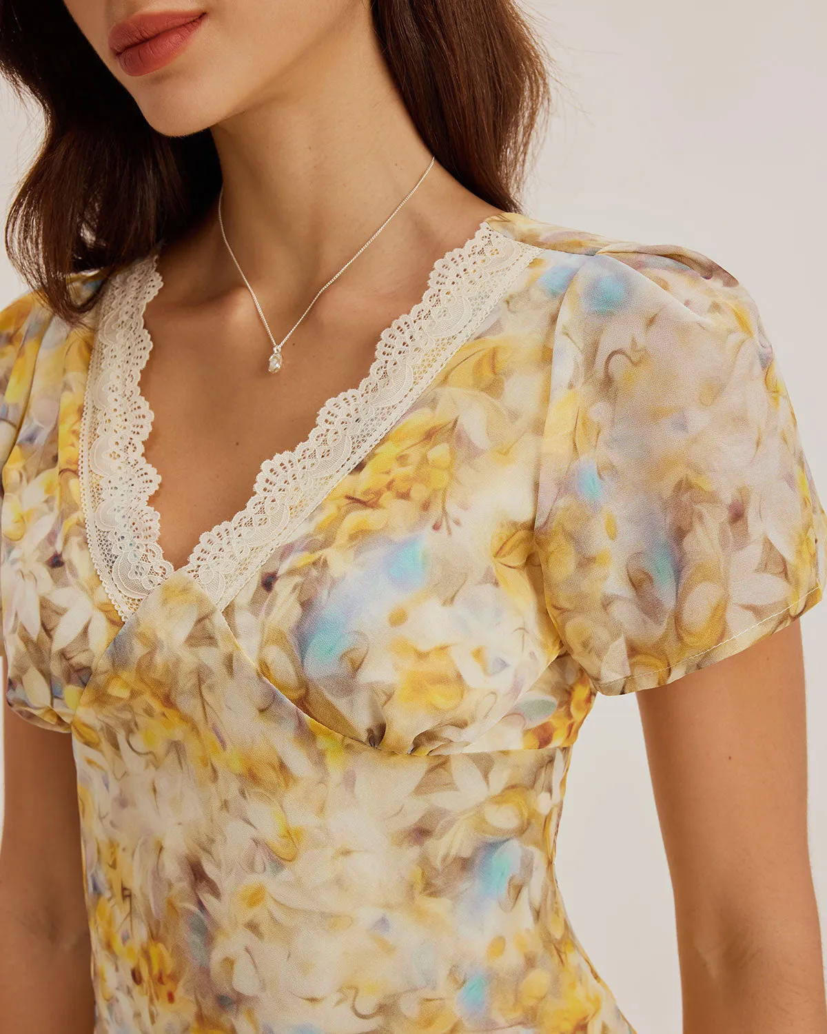 Yellow Floral Chiffon V Neck Maxi Dress sold by rihoas product image thumbnail 2