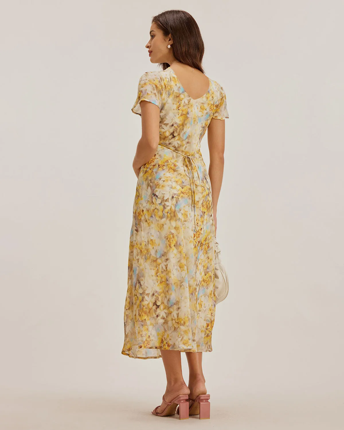 Yellow Floral Chiffon V Neck Maxi Dress sold by rihoas product image thumbnail 5