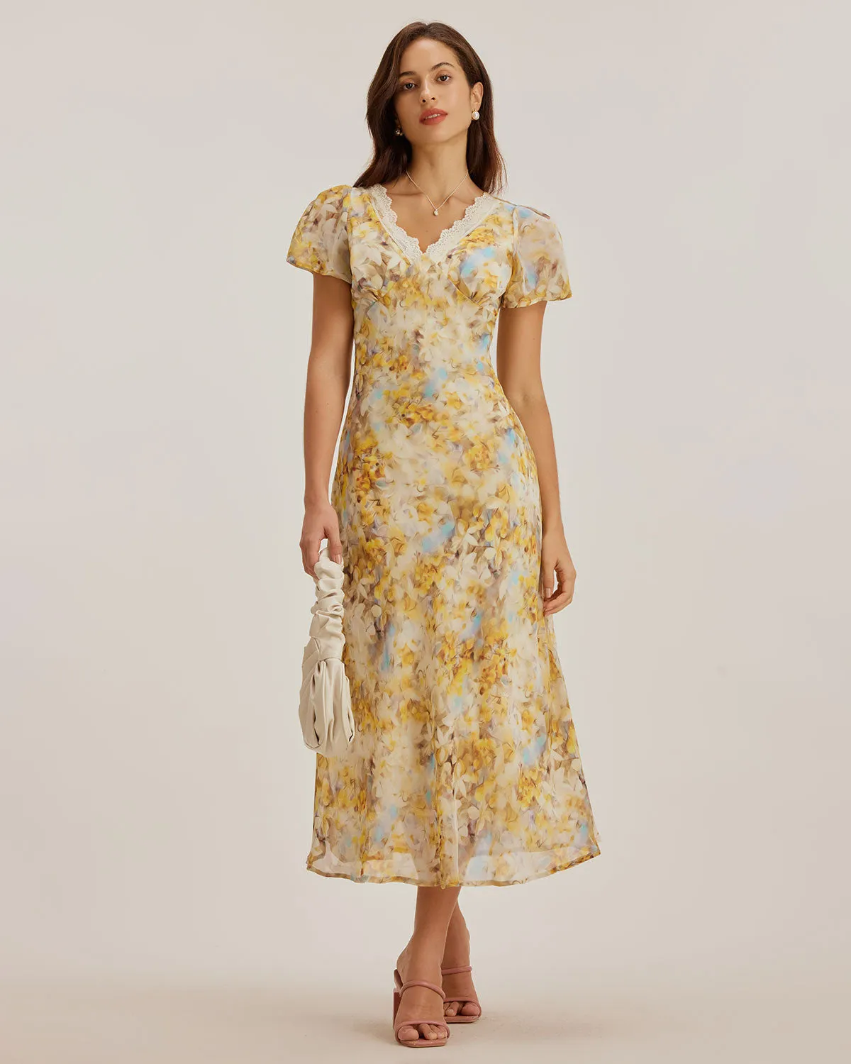 Yellow Floral Chiffon V Neck Maxi Dress sold by rihoas
