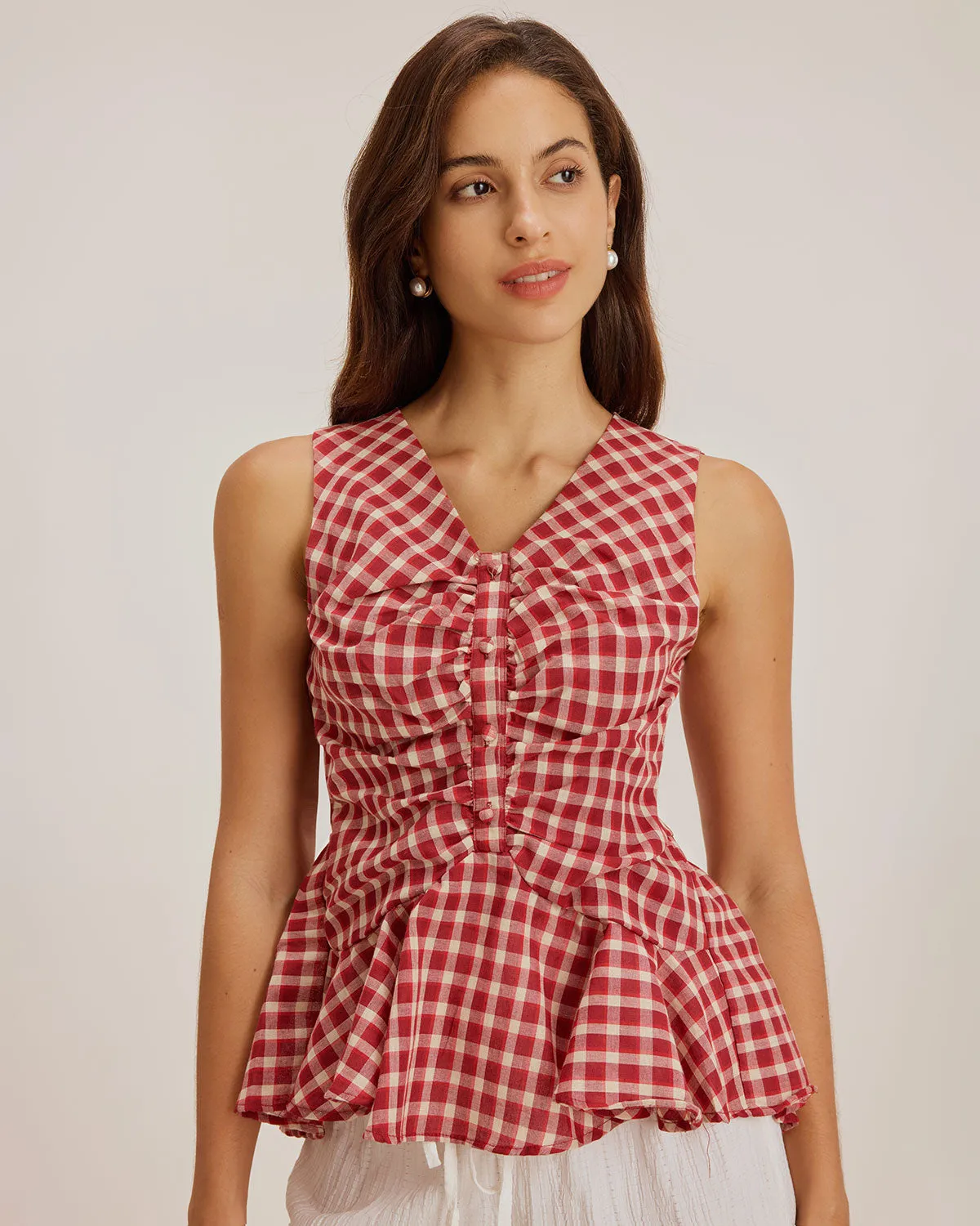 Red Plaid V Neck Ruffle Tank Top sold by rihoas