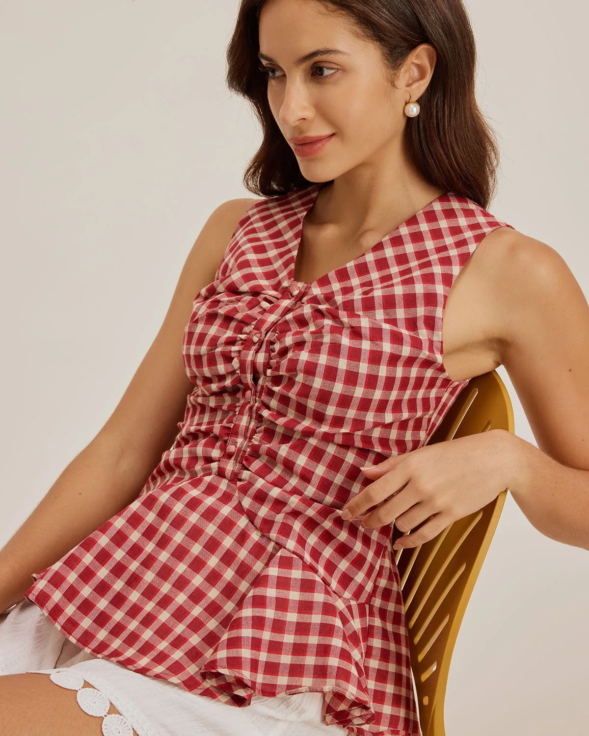 Red Plaid V Neck Ruffle Tank Top sold by rihoas product image thumbnail 4