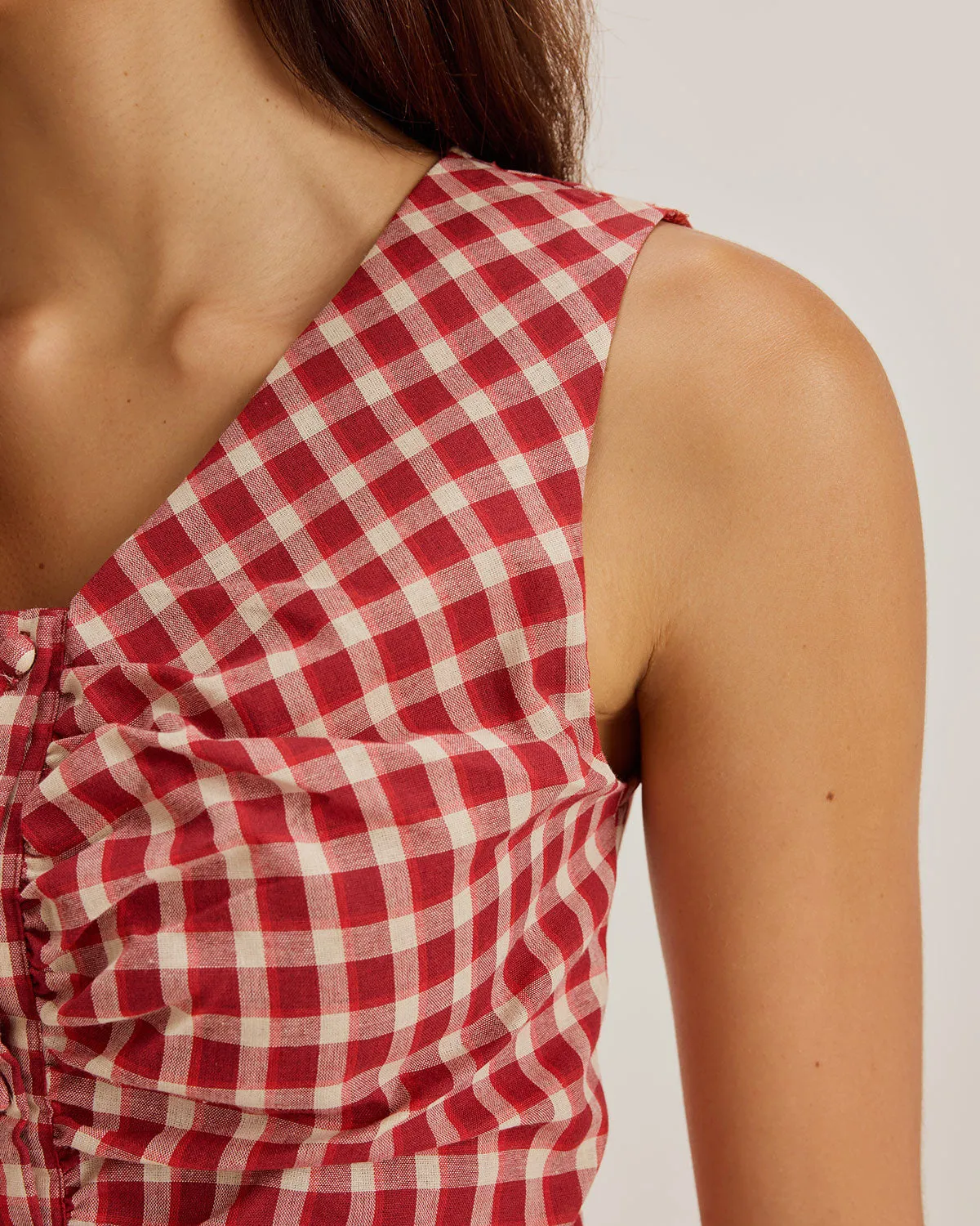 Red Plaid V Neck Ruffle Tank Top sold by rihoas product image thumbnail 2
