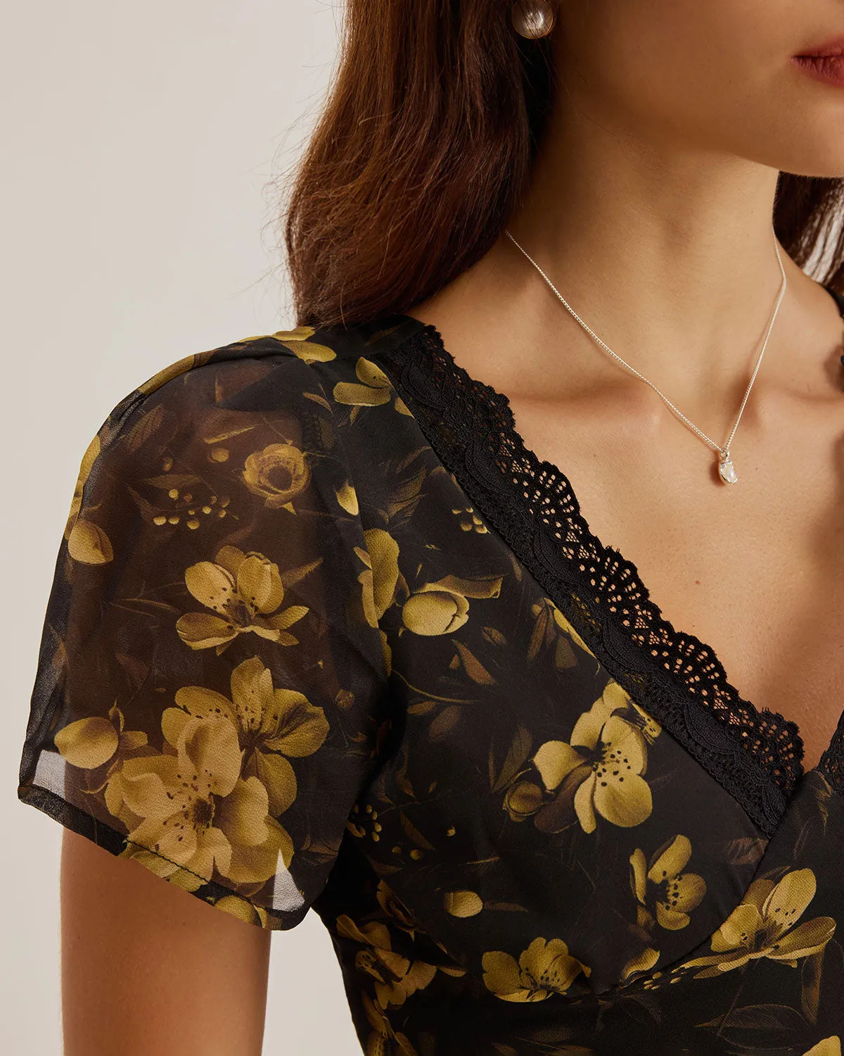 Black Floral Chiffon V Neck Maxi Dress sold by rihoas product image thumbnail 2