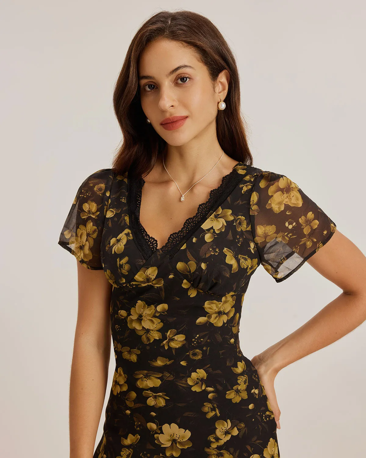 Black Floral Chiffon V Neck Maxi Dress sold by rihoas product image thumbnail 3