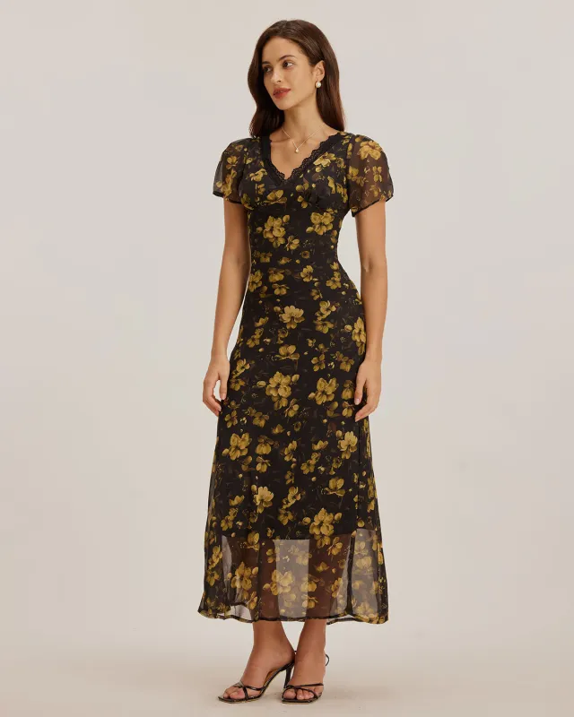 Black Floral Chiffon V Neck Maxi Dress sold by rihoas