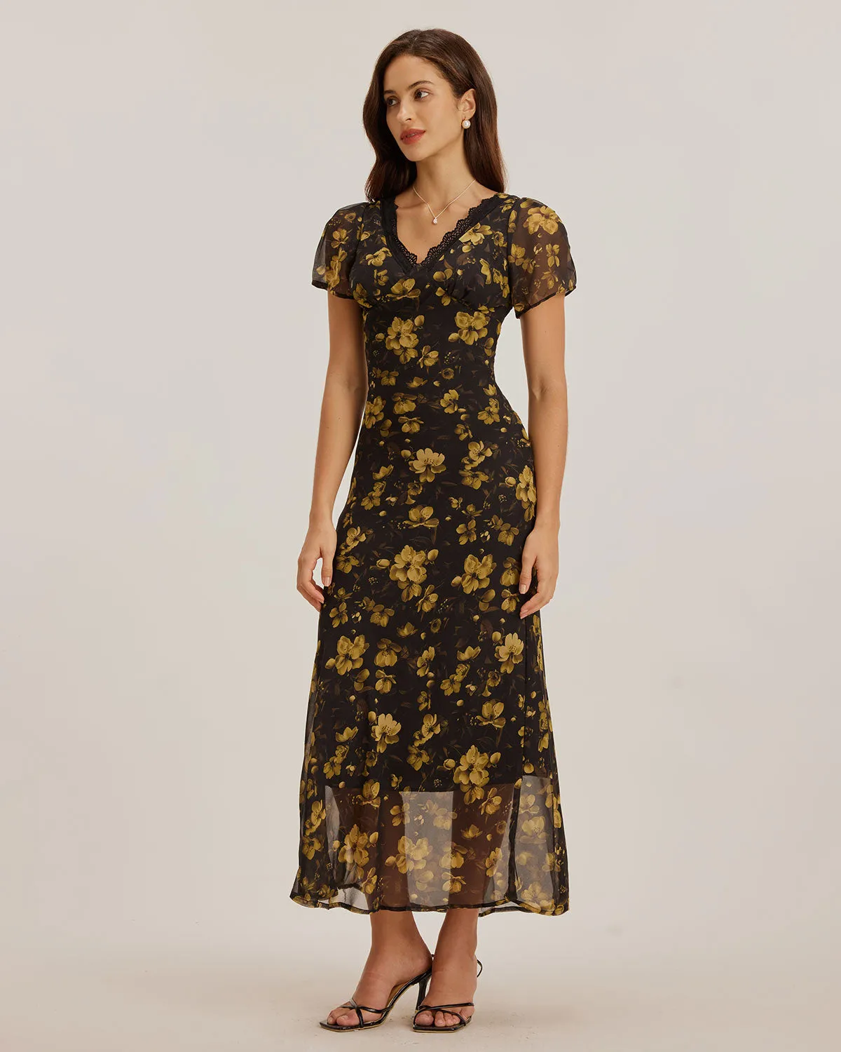 Black Floral Chiffon V Neck Maxi Dress sold by rihoas