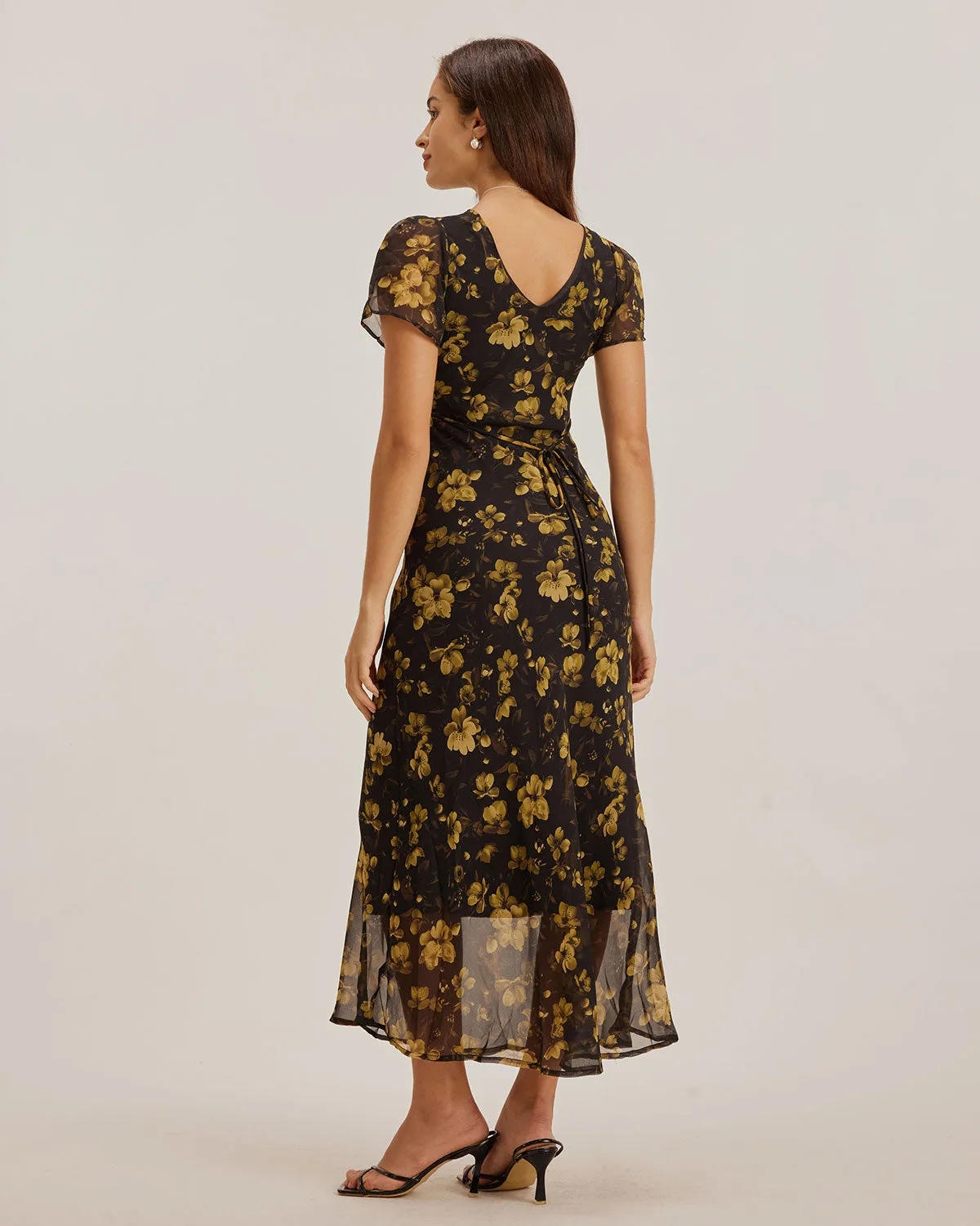 Black Floral Chiffon V Neck Maxi Dress sold by rihoas product image thumbnail 5