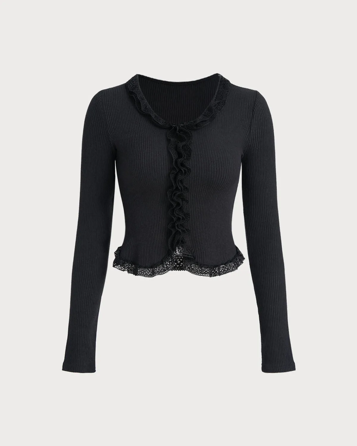 Black Round Neck Ribbed Knit Cardigan sold by rihoas