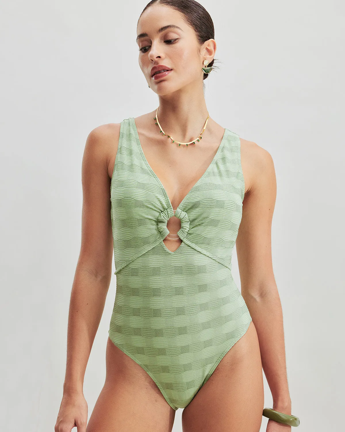 Green O-Ring Textured One-Piece Swimsuit sold by rihoas