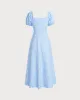 Blue Floral Puffed Sleeve Midi Dress sold by rihoas