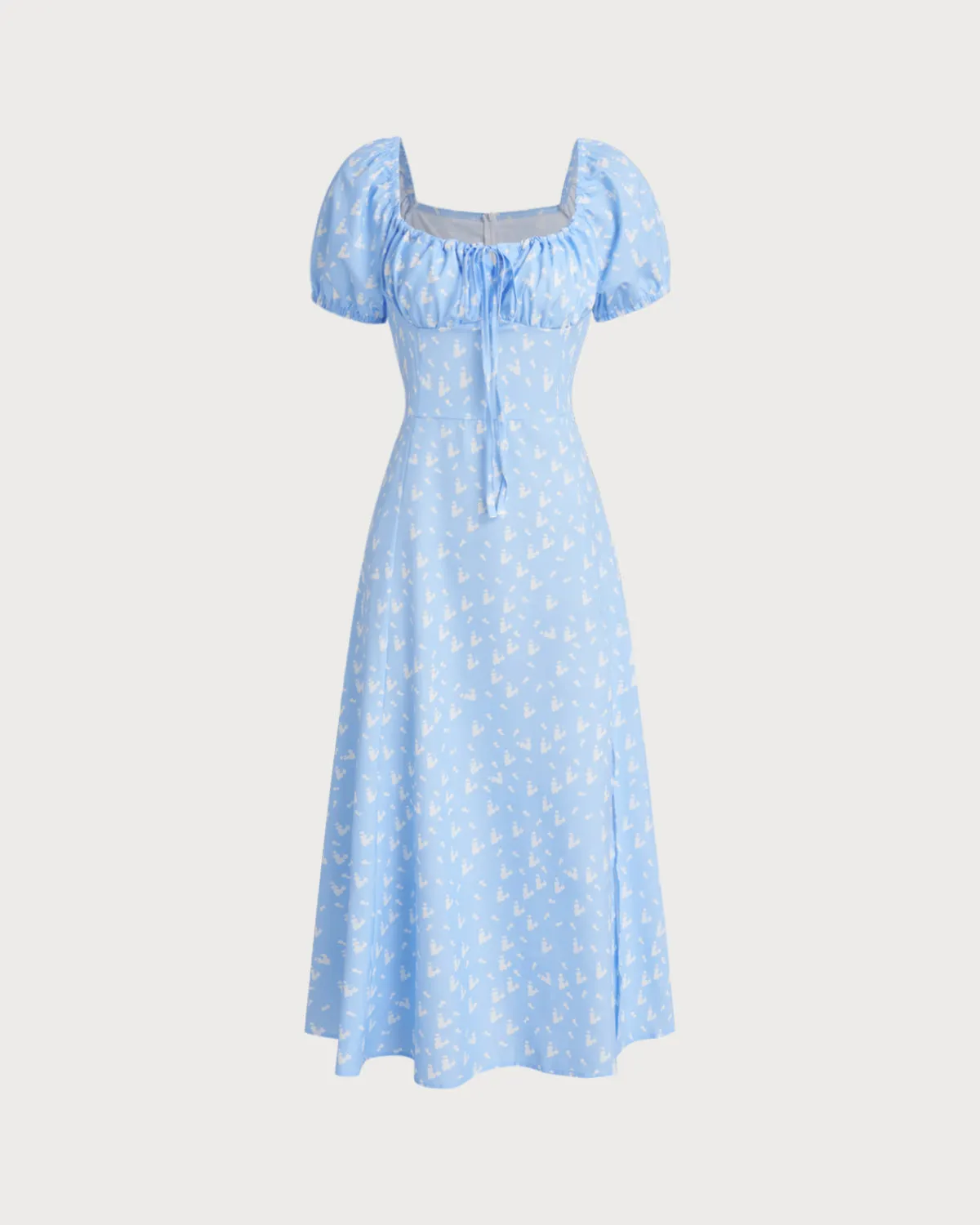 Blue Floral Puffed Sleeve Midi Dress sold by rihoas