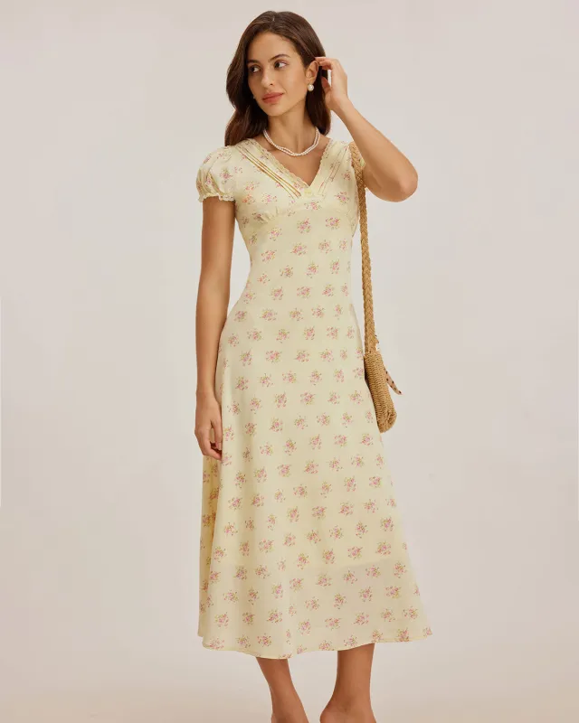 Yellow Floral V Neck Puffed Sleeve Maxi Dress made by rihoas