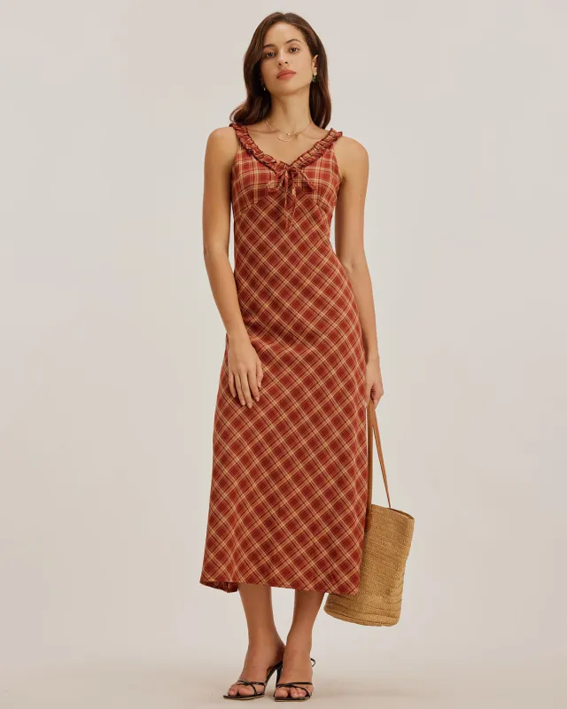 Red Plaid V Neck Slip Maxi Dress sold by rihoas