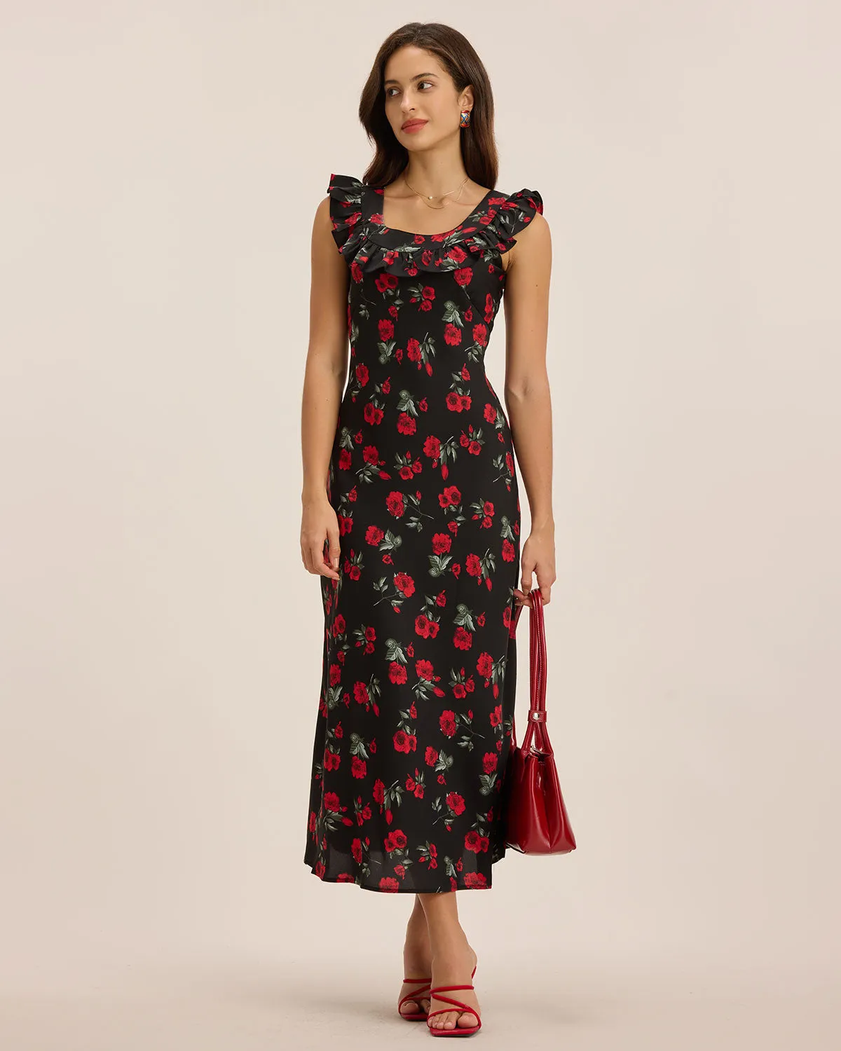 Black Floral Ruffle Sleeveless Maxi Dress sold by rihoas