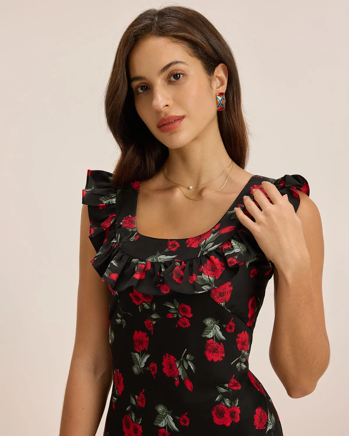 Black Floral Ruffle Sleeveless Maxi Dress sold by rihoas product image thumbnail 2