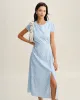 Blue Round Neck Button Slit Midi Dress sold by rihoas