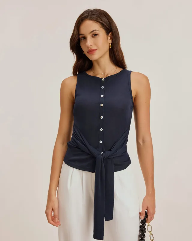 Blue Round Neck Button Tank Top sold by rihoas