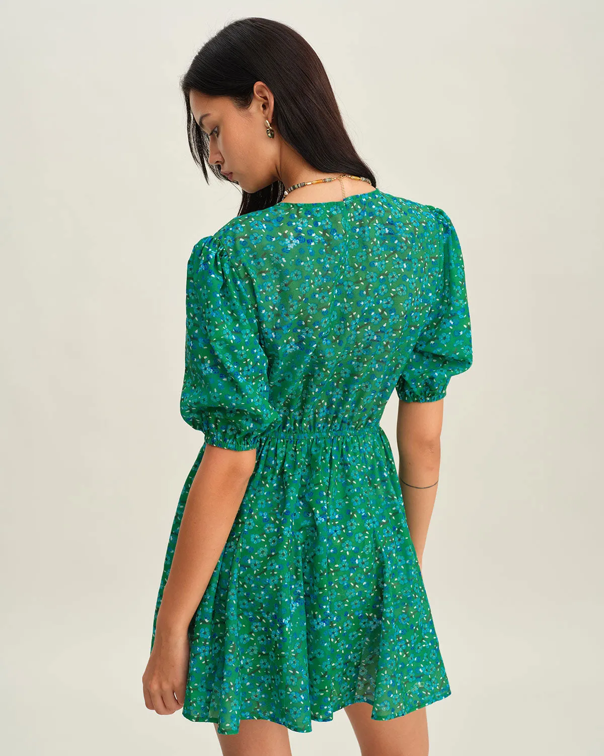 Green Ruched Elastic Waist Mini Dress sold by rihoas product image thumbnail 4