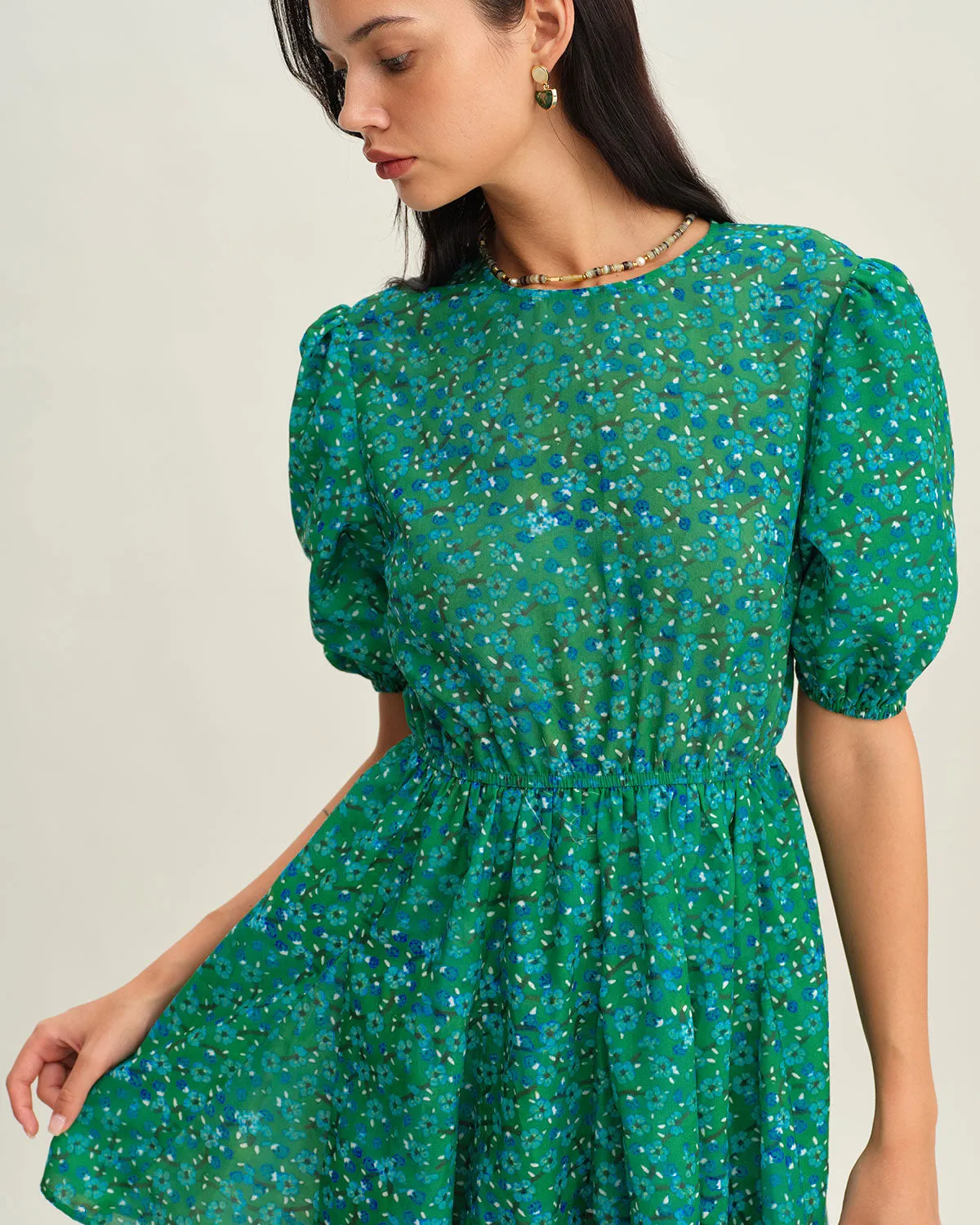 Green Ruched Elastic Waist Mini Dress sold by rihoas product image thumbnail 2