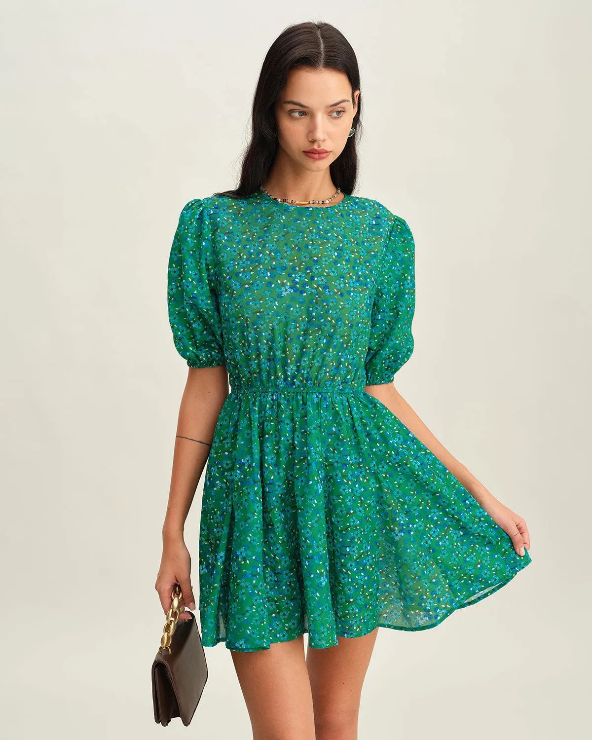 Green Ruched Elastic Waist Mini Dress sold by rihoas