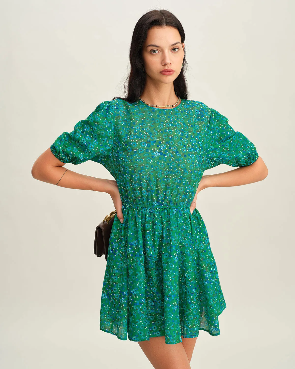 Green Ruched Elastic Waist Mini Dress sold by rihoas product image thumbnail 3