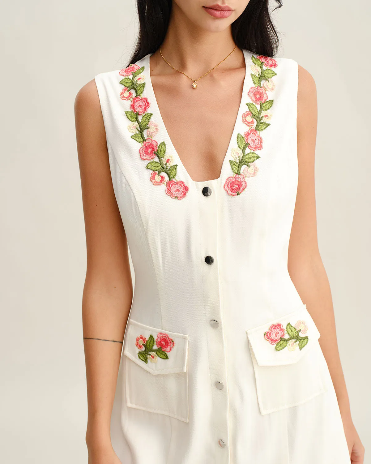 White Floral V Neck Sleeveless Mini Dress sold by rihoas product image thumbnail 2