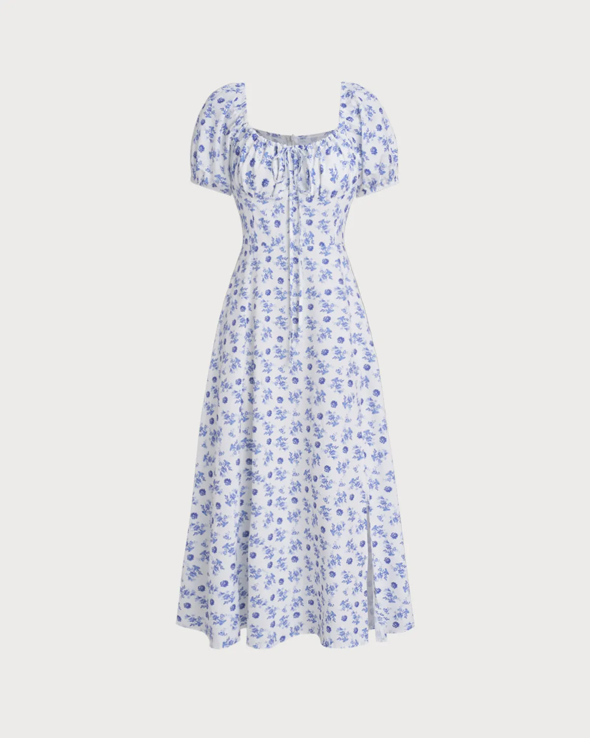 Blue Floral Square Neck Ruched Midi Dress sold by rihoas