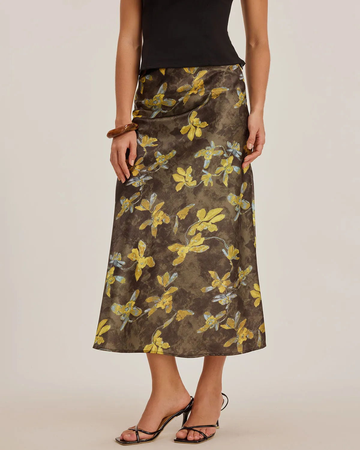 Yellow Floral Straight Midi Skirt sold by rihoas