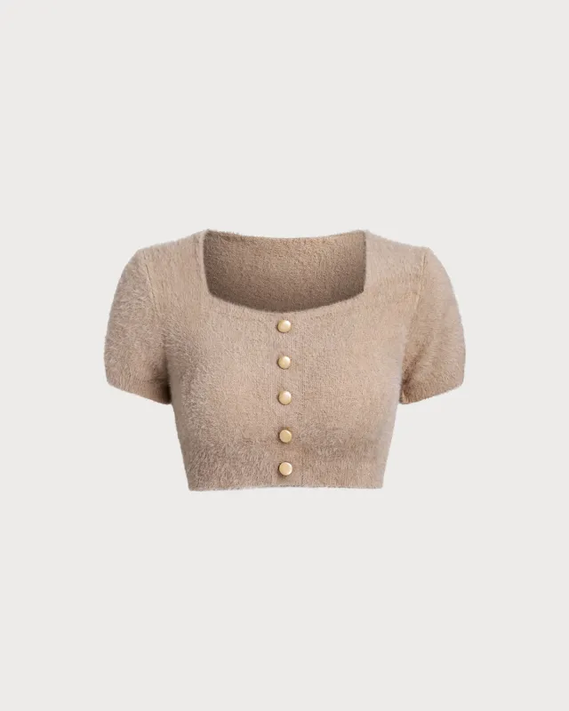 Pink Square Neck Cropped Knit Tee sold by rihoas