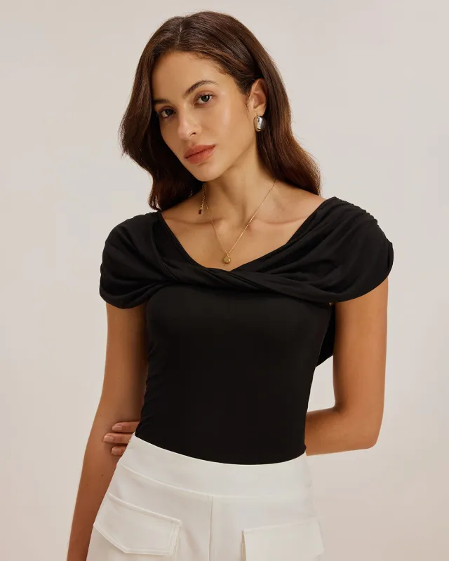 Black U Neck Ruched Tee sold by rihoas