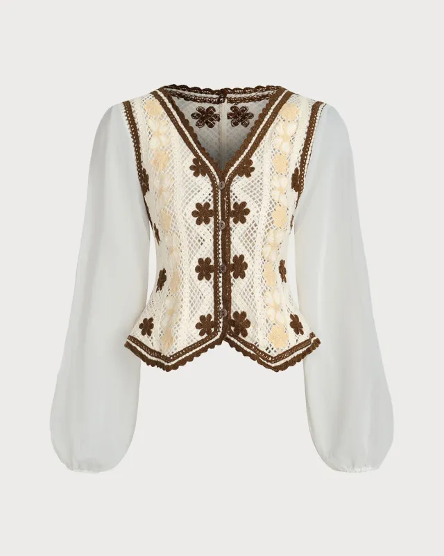 White Floral Poet Sleeve Crochet Cardigan sold by rihoas