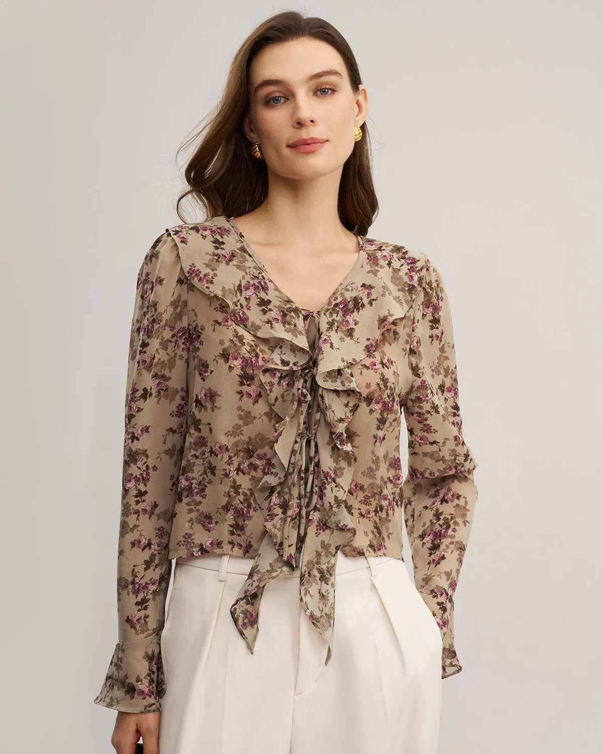 Pink Floral Chiffon Ruffle Blouse sold by rihoas
