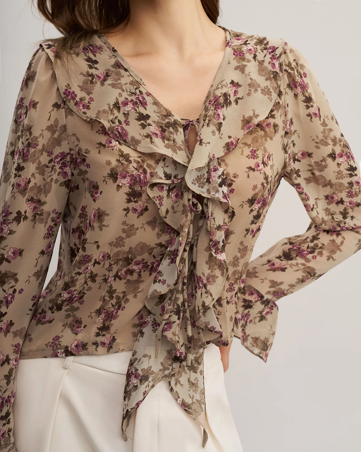 Pink Floral Chiffon Ruffle Blouse sold by rihoas product image thumbnail 2