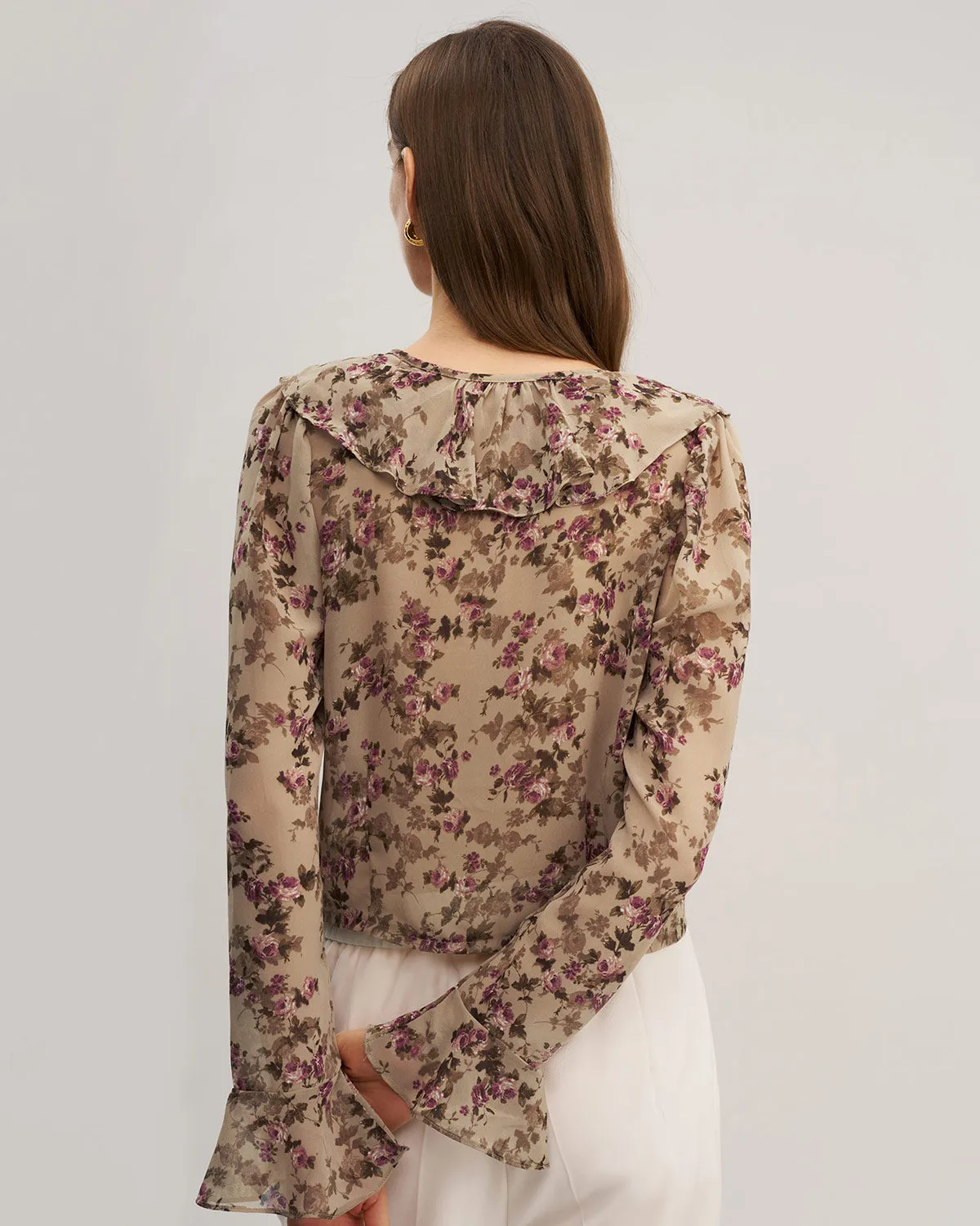 Pink Floral Chiffon Ruffle Blouse sold by rihoas product image thumbnail 5