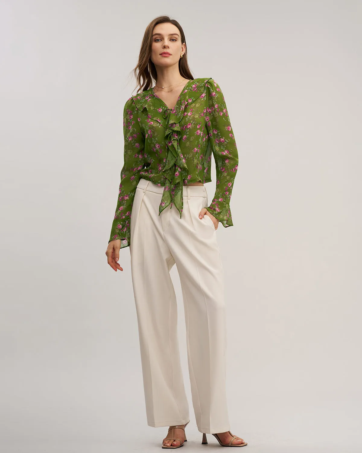 Green Floral Chiffon Ruffle Blouse sold by rihoas product image thumbnail 3