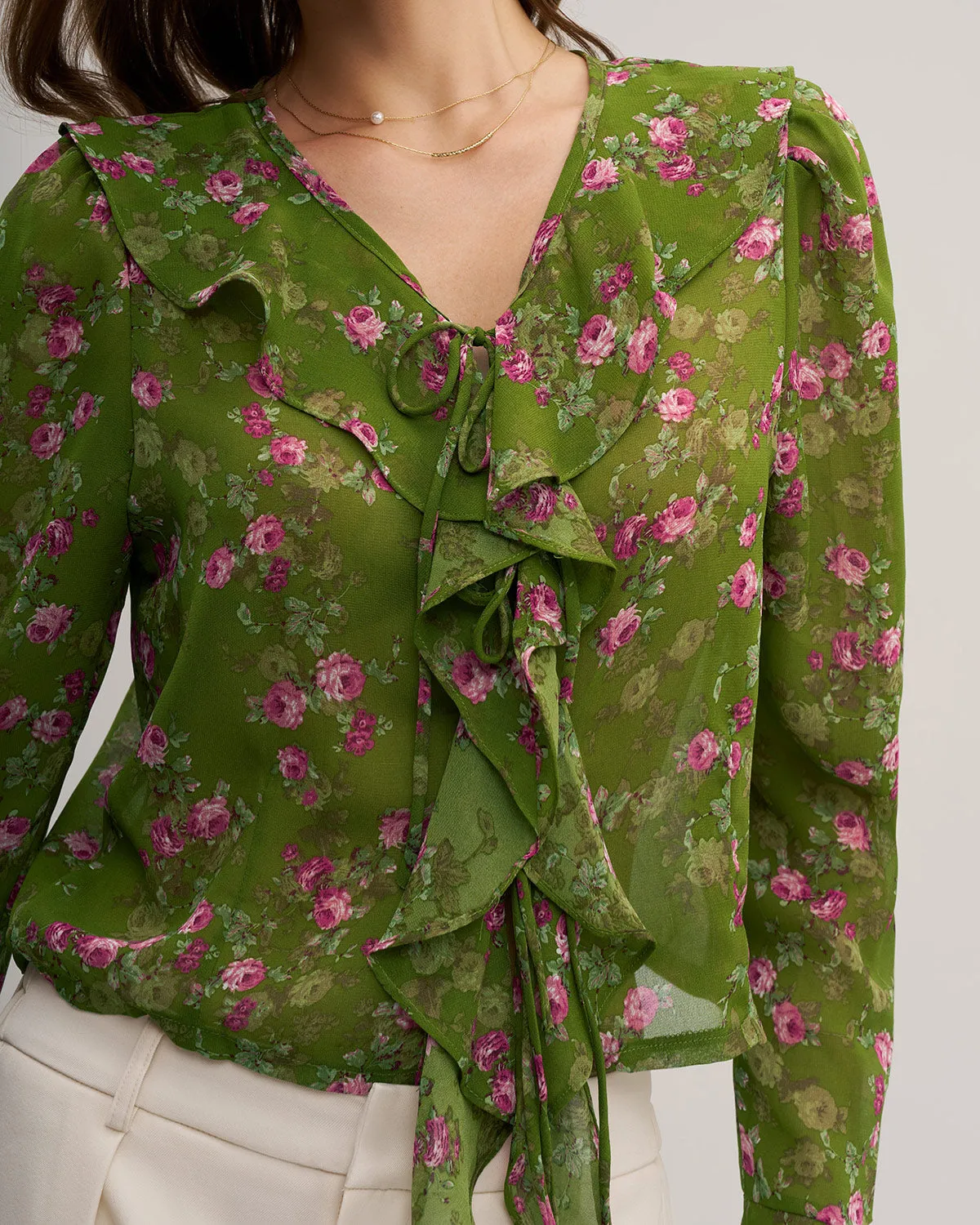 Green Floral Chiffon Ruffle Blouse sold by rihoas product image thumbnail 2