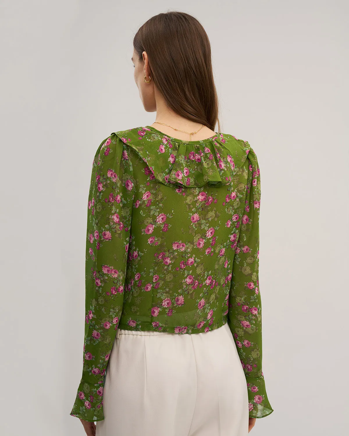 Green Floral Chiffon Ruffle Blouse sold by rihoas product image thumbnail 5