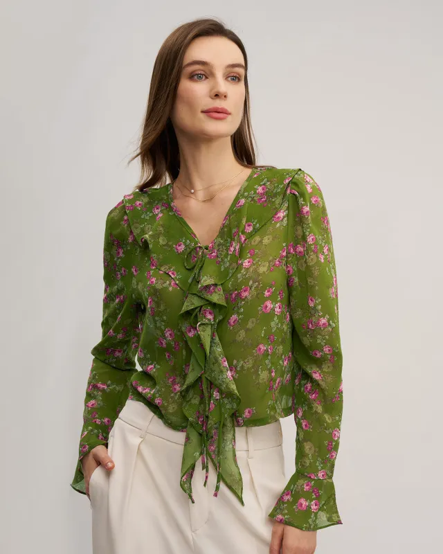 Green Floral Chiffon Ruffle Blouse sold by rihoas